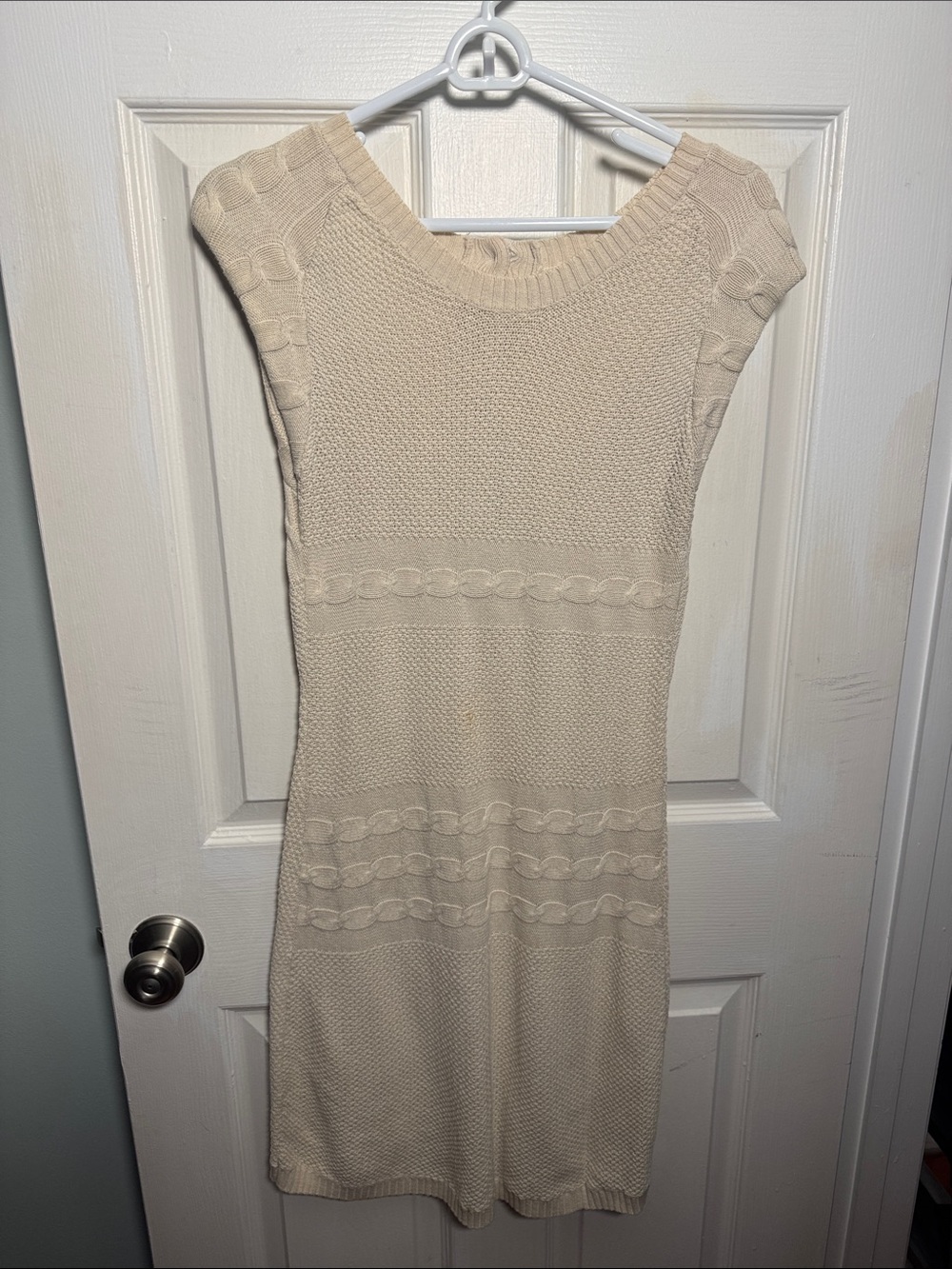Boston Proper Cream Knit Cap-Sleeve Cable Dress